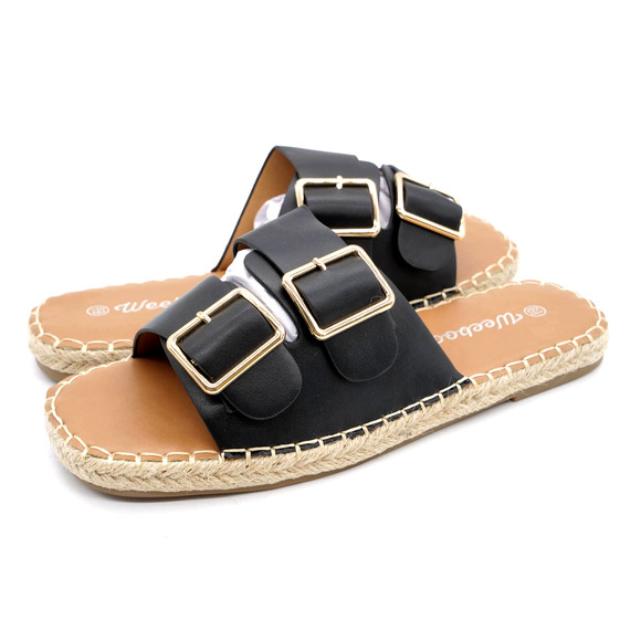 Weeboo Sandals Womens 6.5 Black Faux Leather Flat Espadrille Slides Adjustable - Picture 1 of 10